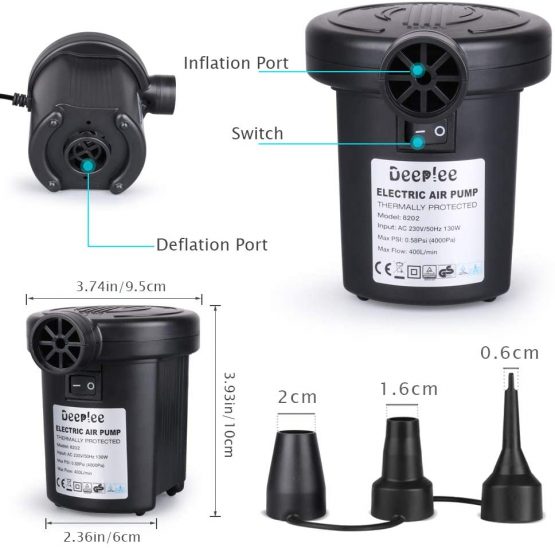 Deeplee Electric Pump, 130W High Power Electric Air Pump for Air Bed Mattress Inflatables Paddling Pool Beach Toys, AC 220-240V Quick-Fill Inflator Deflator with 3 Sizes Nozzle - Image 2