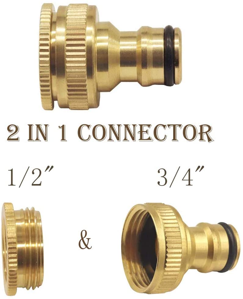 Tesmotor Brass Garden Hose Tap Connector fitting for 1/2 Inch (21mm) & 3/4 Inch (26.5mm) 2-in-1 Threaded Faucet Adapter (2 Pack) - Image 2