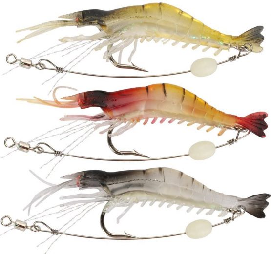 Goture Soft Plastic Lures Artificial Bait Luminous Shrimp Fishing Lure Mixed Color Spinner Crank-Bait Fishing Lure with Hook Fishing Tackle 3.35" 0.013lb