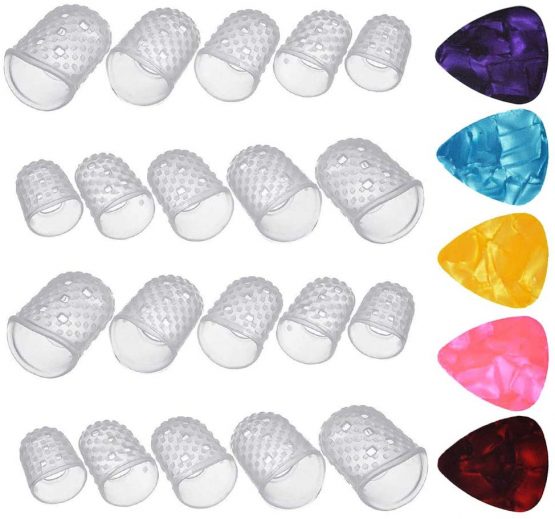Guitar Fingertip Protectors, 20Pcs Clear Silicone Guitar Finger Protectors 5 Sizes(L/M/S/XS/XXS) and 5 Assorted Guitar Picks, for Ukulele Electric Guitar Starter