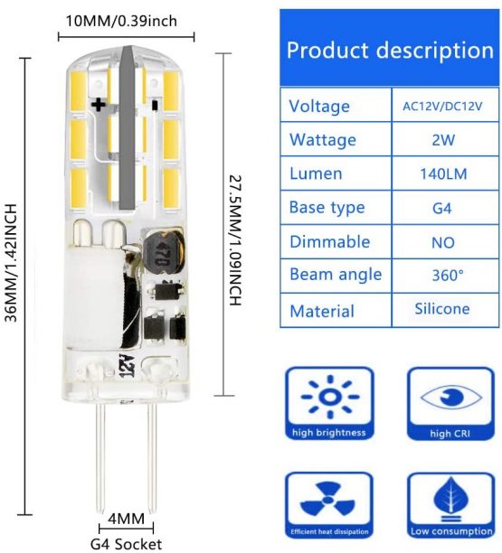 AHEVO G4 LED Light Bulbs 2W 12V AC DC 6000K, Replaces 15W Halogen Lamps (10 Pack,White) - Image 2