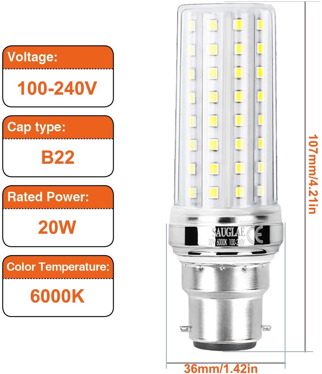SAUGLAE 20W LED Corn Bulbs, 150W Incandescent Bulbs Equivalent, 6000K Daylight White, 2300Lm, B22 Bayonet Cap Light Bulbs, 3-Pack - Image 2