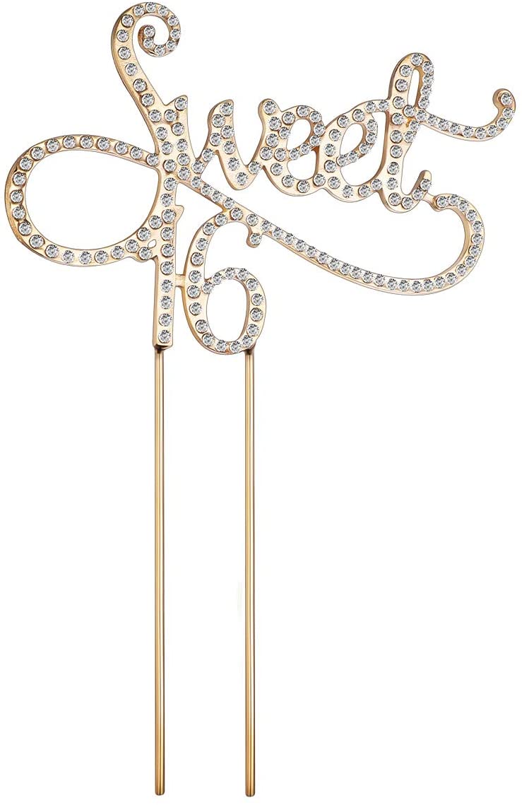 TOYMYTOY Monogram Sweet 16 Cake Topper 16th Birthday Anniversary Crystal Rhinestones Decorative Cake Topper (Gold)