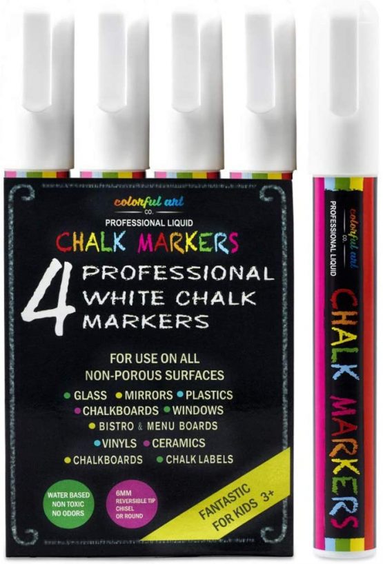 White Chalkboard Pens - Liquid Chalk Pens for Blackboards - 6mm Fine and Chisel Tip White Chalk Pen - 4 Pack- Erasable, Brilliant and Bold White Glass Window Markers