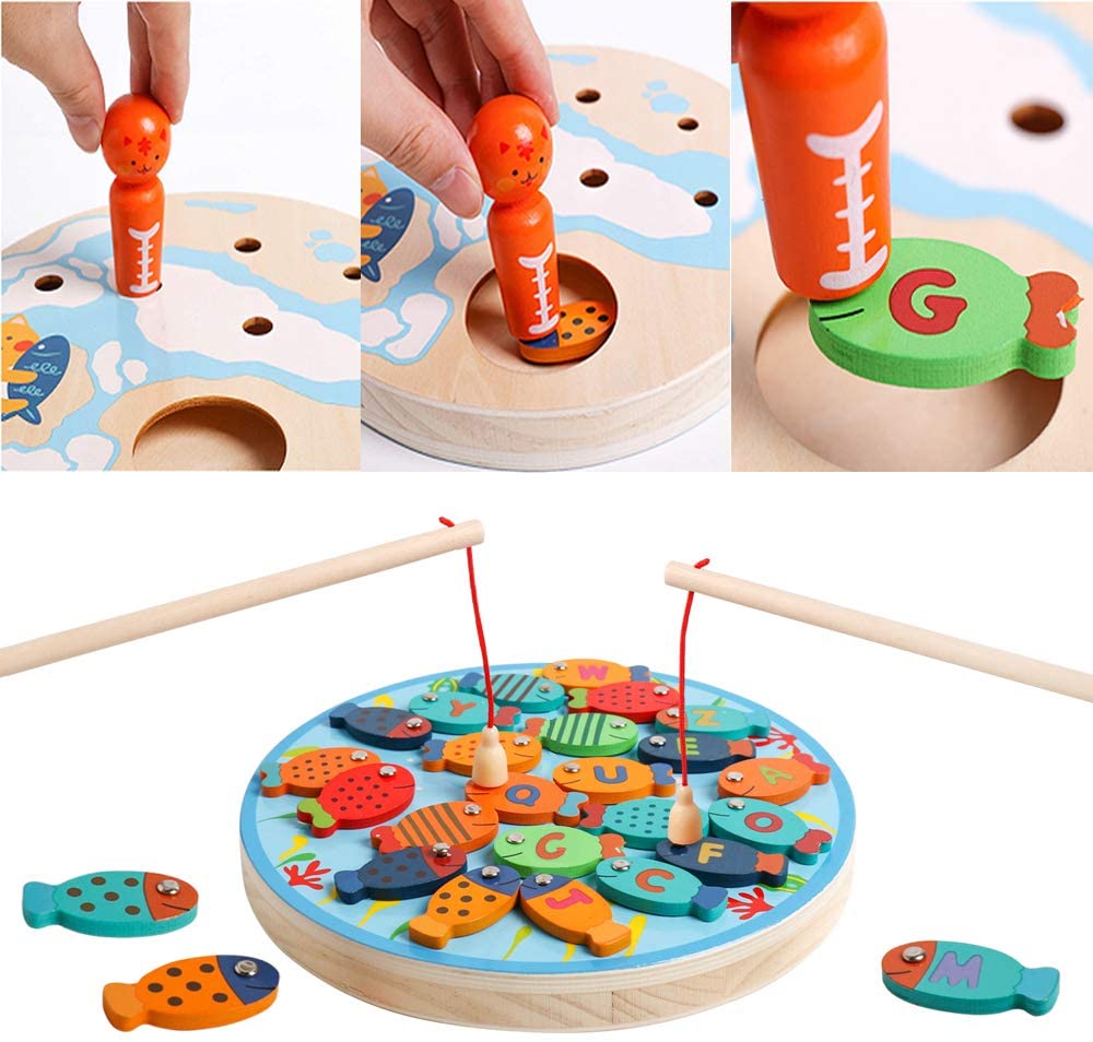 Tanku Toys® Alphabet Fishing Toy 30 PCS Wooden Letter Fishing Game for Kids Aged 3