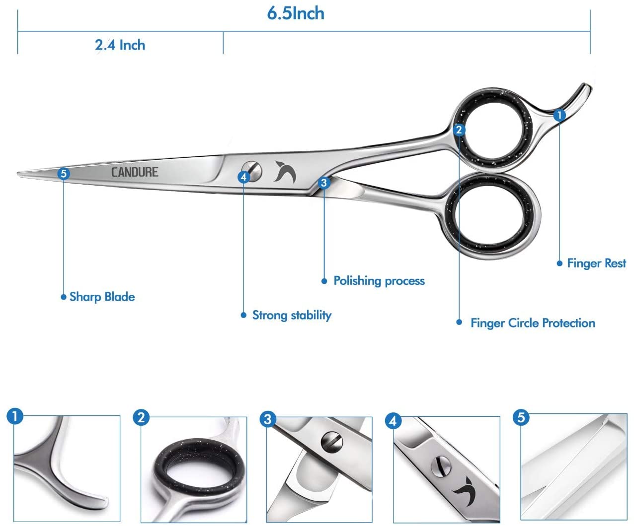 Candure Hairdressing Barber Hair Scissor for Professional 6.5 inch Hairdressers Barbers Stainless Steel Hair Cutting Shears - Image 4