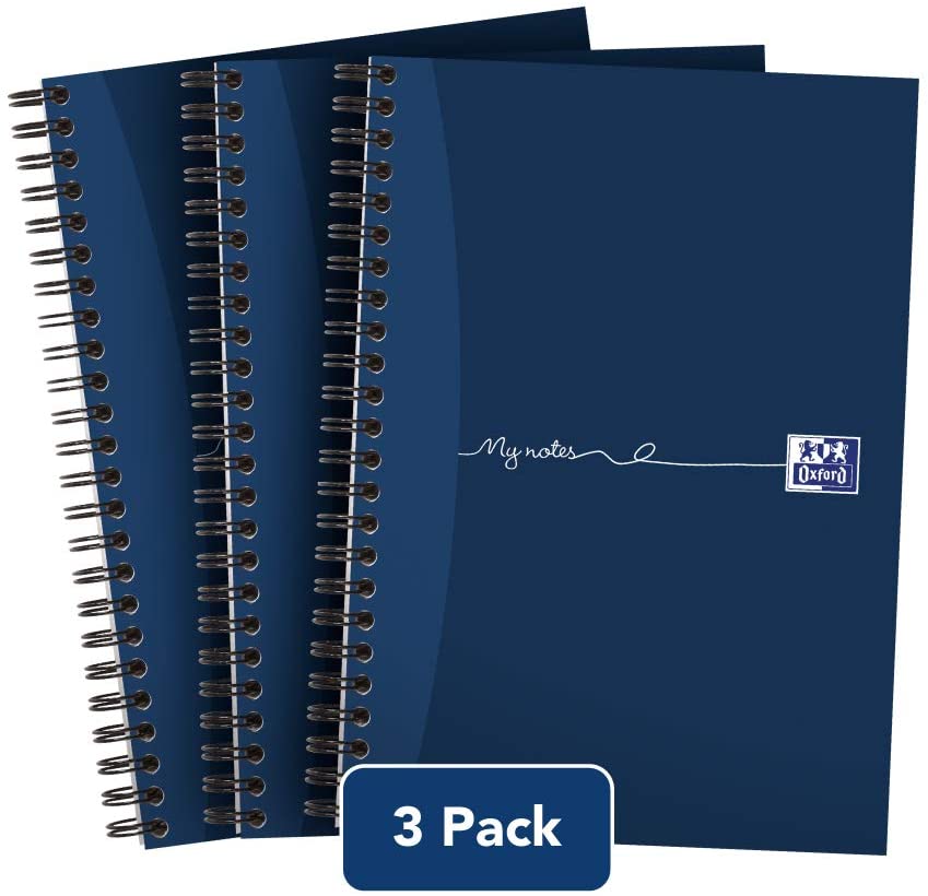 Oxford My Notes A5 Notebook, Wirebound, 8 mm Lined with Margin, 200 Page, Pack of 3, Perforated Edge, Optik Paper+, Navy