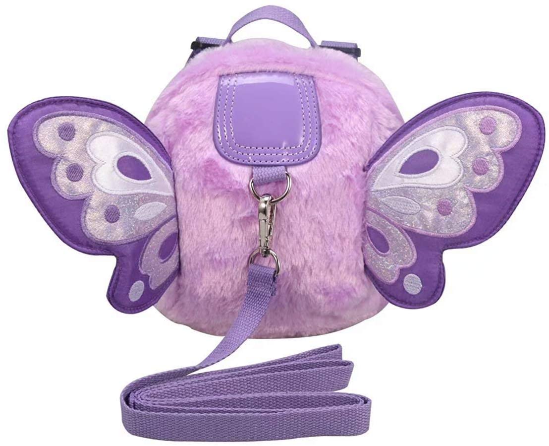 OMALOO Baby Walking Safety Harness Reins Belt Kid Child Toddler Backpack Bag with Butterfly Pattern for 1-3 Years Girls (Fluff Purple)
