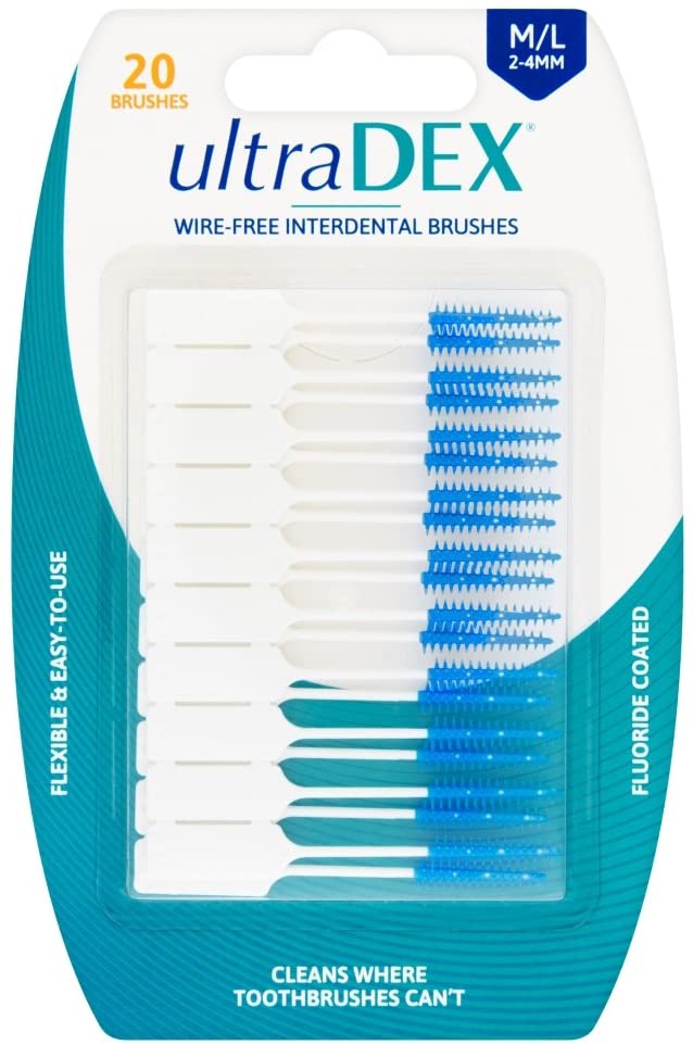 UltraDEX Wire Free Interdental Brush, Wire Free Flexible Floss Aid, Fluoride Coated, Medium/Large 20 Pack White