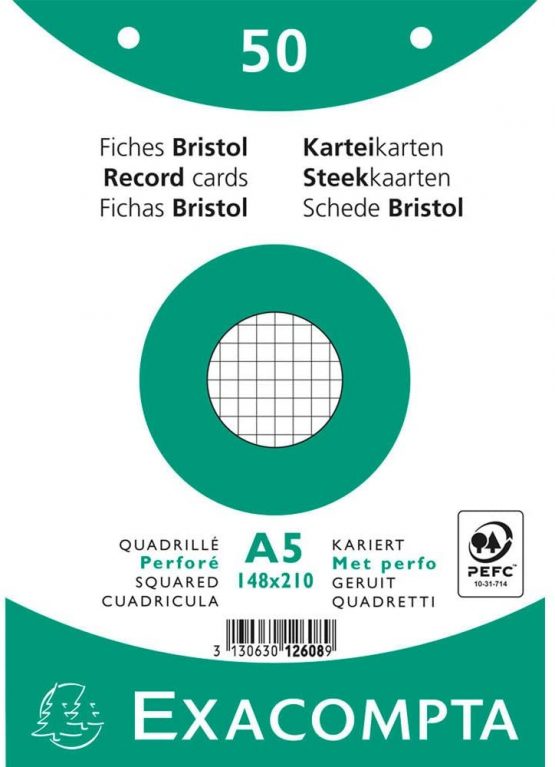 Exacompta Bristol Squared Record Cards, Punched, A5 - White, Pack of 50