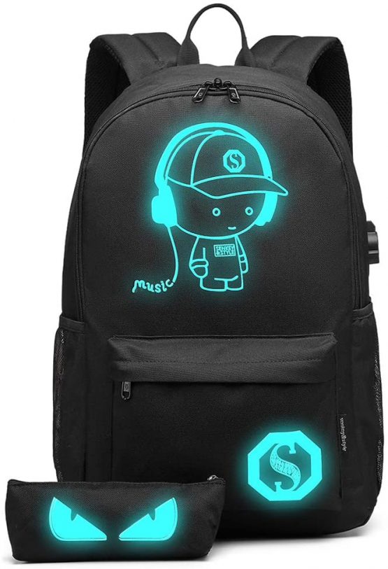 Kono School Backpack Durable 15.6 inch Laptop Rucksack,Waterproof College Anime Luminous Daypack Glow in the Dark (Black Set)