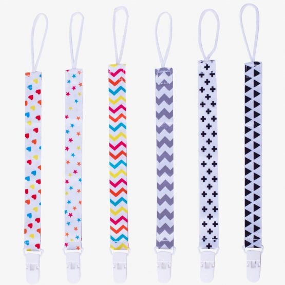 6 Pack Baby Dummy Clip Pacifier Strap Holder, WylbJc Multicoloured Washable Soother Clip Chain with Unique 2-Sided Stylish Design for Unisex Newborn Boys Girls