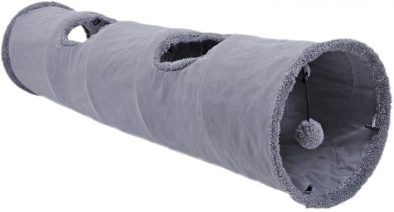 OHANA Collapsible Cat Tunnel Toy in suede, Large cat tunnels for indoor cats rabbits with 2 holes and suspended ball Dia30*130cm