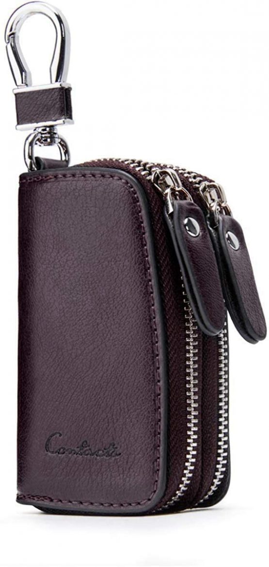 Contacts Genuine Leather Double Zipper Car Key Case Holder Key Bag (Coffee)