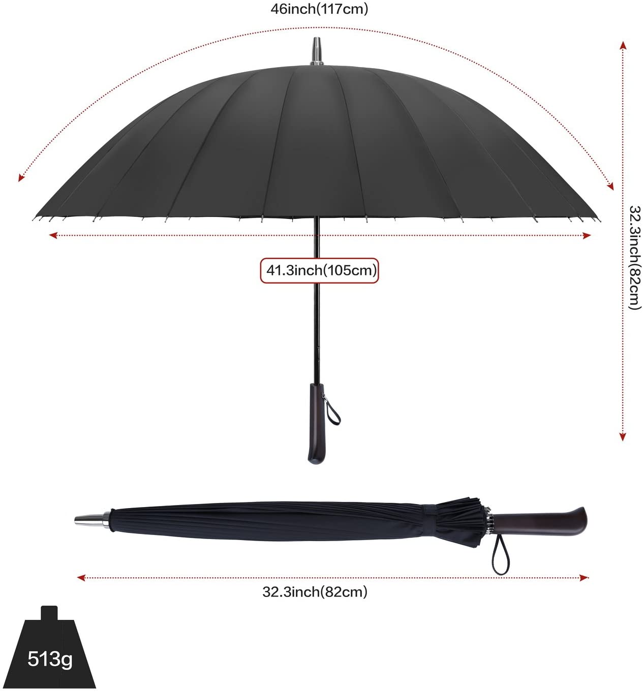 VONDAVO Stick Umbrellas with 24 Fiberglass Ribs Windproof, Waterproof Compact Black Umbrella - Image 2