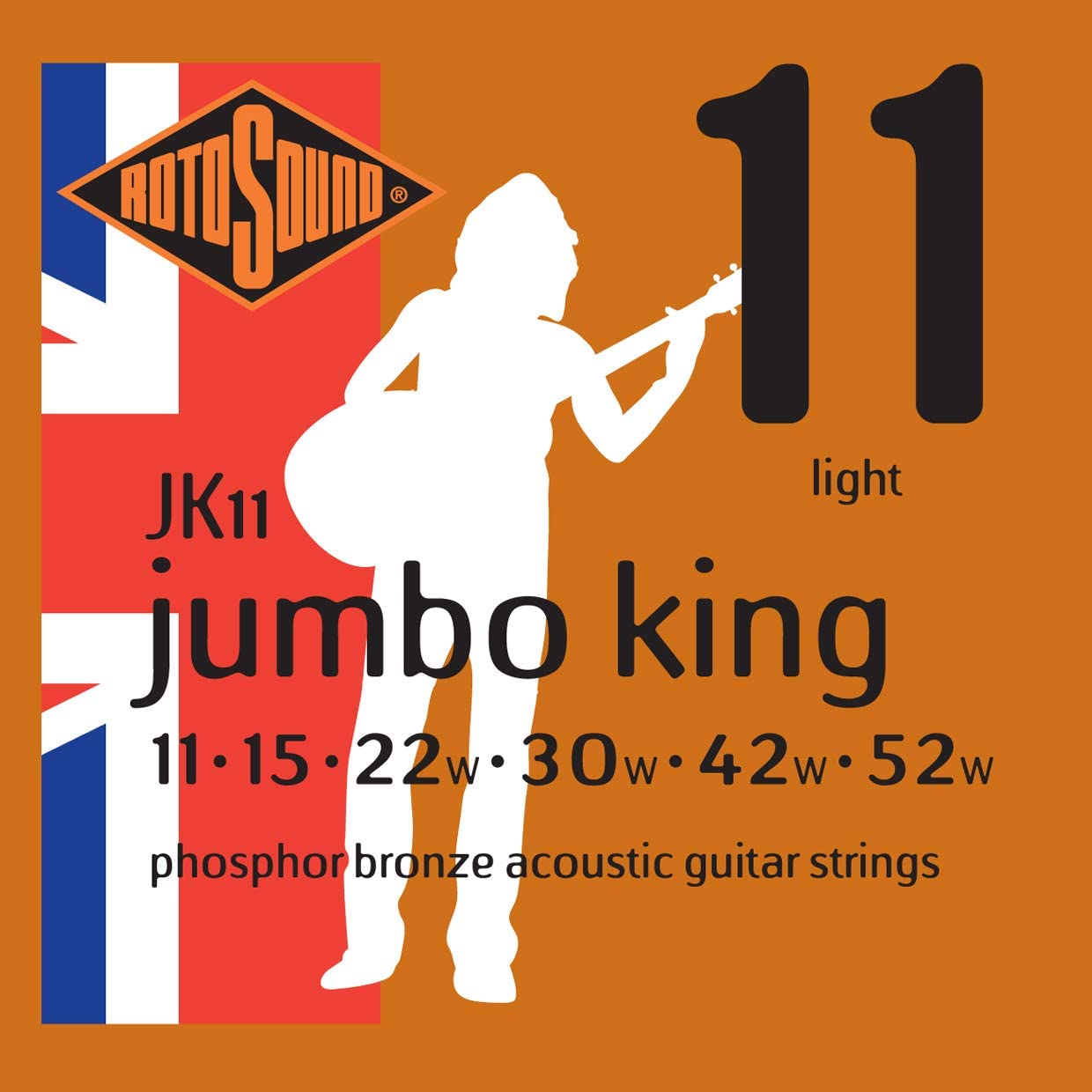 Rotosound JK11 Phosphor Bronze Light Gauge Acoustic Guitar Strings (11 15 22 30 42 52), White Black Red Blue, Set Light 11-52 JK11