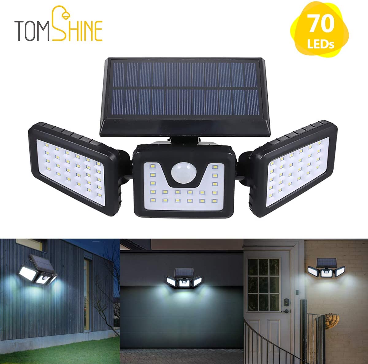 Tomshine Solar Security Light Outdoor Motion Sensor Ip65 Waterproof Outdoor Lights Solar Powered 360 Angle Adjustable for Garage Garden Front Door Wall Driveway