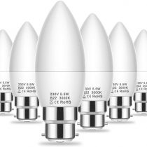 B22 LED Candle Bulb Bayonet Cap, 500LM, 5.5W B22 Candle Light Bulb, 60W Incandescent Bulb Equivalent, Warm White 3000K, Non Dimmable, 180 Degree Beam Angle, 6 Pack
