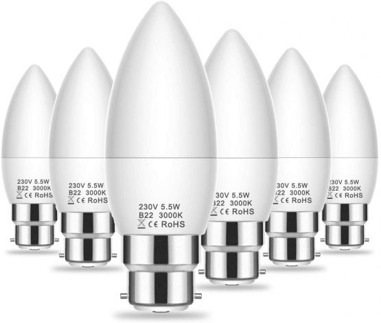 B22 LED Candle Bulb Bayonet Cap, 500LM, 5.5W B22 Candle Light Bulb, 60W Incandescent Bulb Equivalent, Warm White 3000K, Non Dimmable, 180 Degree Beam Angle, 6 Pack