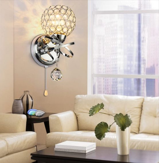 ALLOMN Modern Style Wall Lamp, Crystal Pendant Wall Lamp Bedroom Aisle Living Room Wall Lamp Holder E14 Socket (Bulb Not Included) (with Pull Switch, 2 Pack) - Image 3