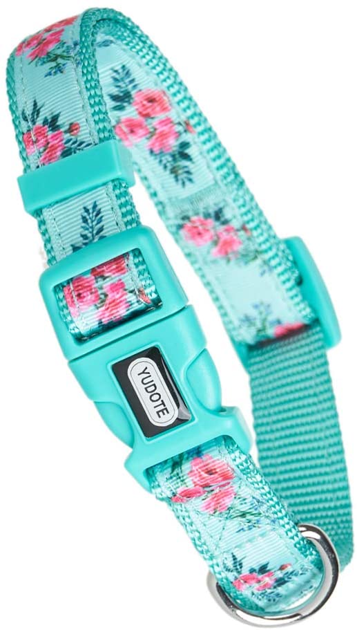 YUDOTE Adjustable Mint Green Nylon Dog Collar Small with Floral Patterned Ribbon for Puppies Active Female Dogs Neck 25-38cm