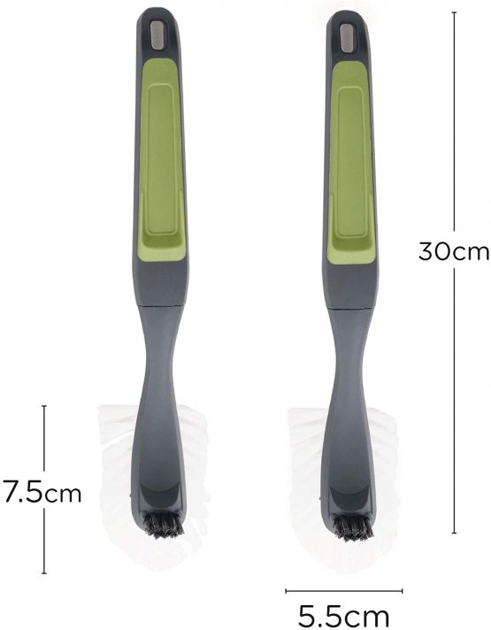 CleanPEAK Pack of 2 Fantail Dish Brushes with Soft Grip Handle, Non-Scratch Bristles and Extra Bristle Head – Grey / Green - Image 2