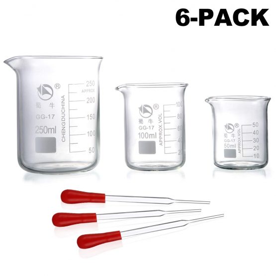 Yizerel Glass Beakers, Pack of 6 Low Form Glass Measuring & Glass Droppers Set, 3 Graduated Griffin Beakers in 3 sizes with scales, 250ml, 100ml, 50ml, 3 Glass Droppers without scales (3ml per drop)