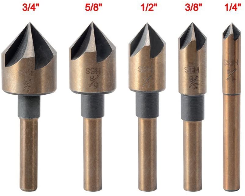 Countersink Drill Bit Set 1/4” Shank HSS 5 Flute Countersink 82 Degree