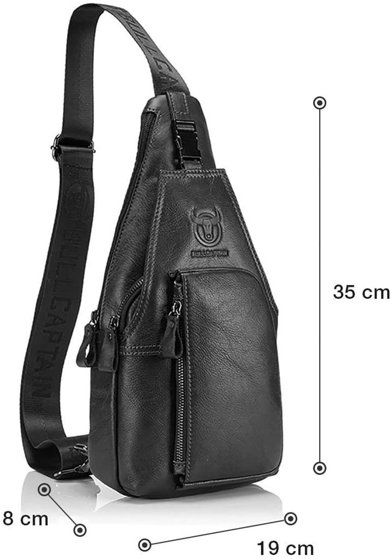 BULLCAPTAIN Men's Leather Chest Bag Shoulder Bags Shoulder Bags Crossbody Bags Sports Business Travel Black, Black, M - Image 2