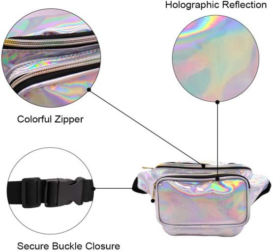 Geestock Holographic Fanny Pack for Women/Men, PVC Waterproof Shiny Waist Bag, Laser Waist Bum Bag with Adjustable Belt for Travel, Party, Festival Rave, Running, Hiking (Silver) - Image 3