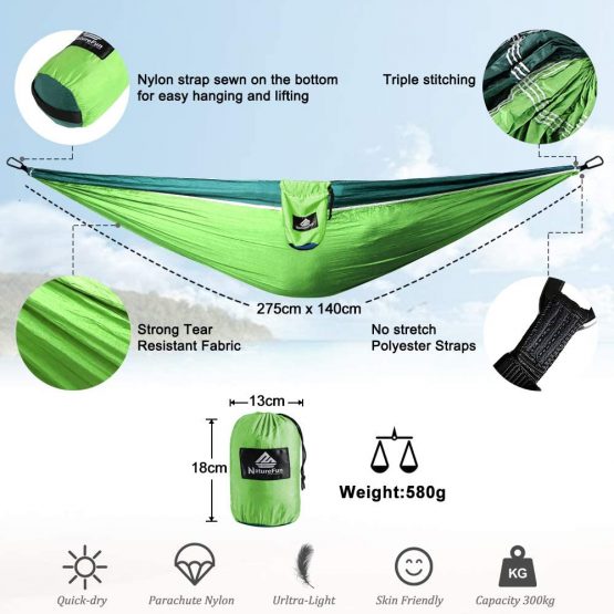 NATUREFUN Ultra-Light Travel Camping Hammock | 300kg Load Capacity,(275 x 140 cm) Breathable,Quick-drying Parachute Nylon | 2 x Premium Carabiners,2 x Nylon Slings Included | Outdoor Indoor Garden - Image 3