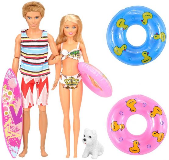 Miunana 12 Doll Clothes and Accessories = 3 Swim Trunks 1 Surfboard for Boy Dolls + 5 Swimsuits 2 Swim Ring Floaties 1 Dog for 11.5 Inch Girl Doll - Image 2