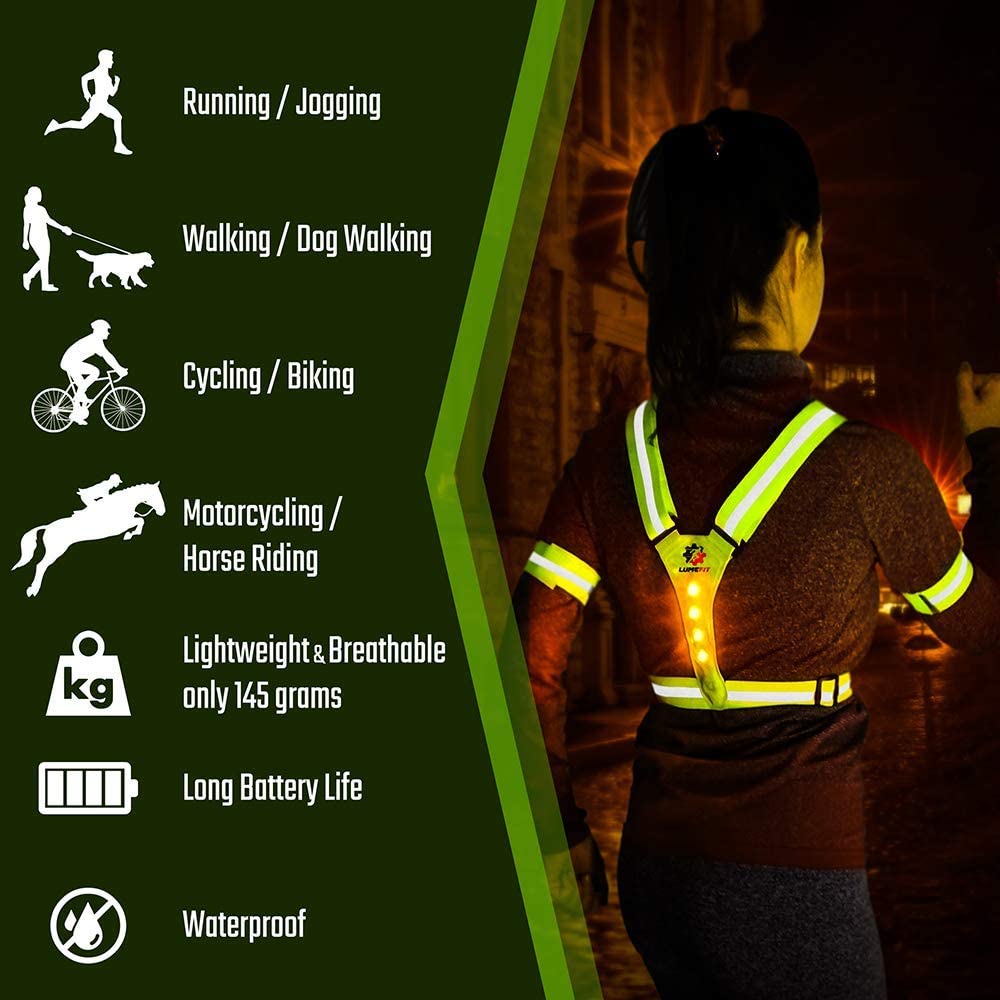 LUMEFIT Reflective Vest USB LED Safety Running Cycling Armbands High Visibility 