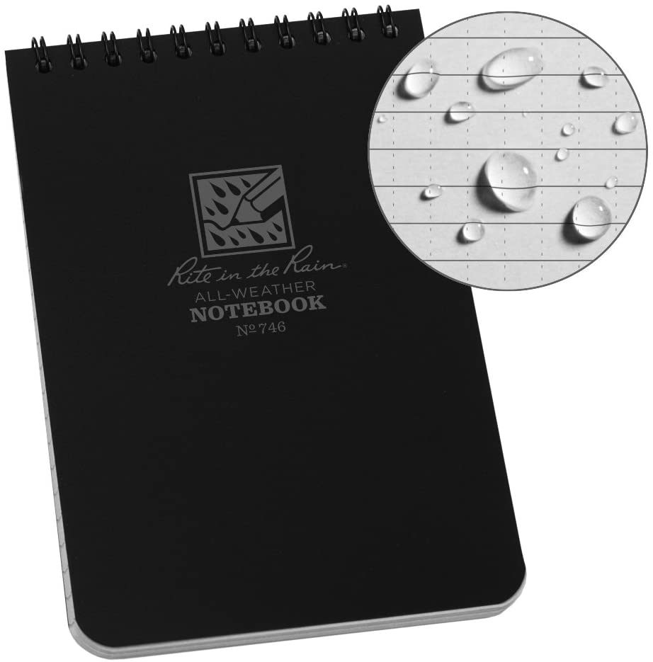 Rite in the Rain Waterproof Paper Pocket Notebook Top Spiral Bound 4 x 6 Inch Cover Black Polydura 19 Gauge 100 Pages 50 Sheets Wire-o Binding Imperial & Metric Rulers Covnersaion table & Map Scale