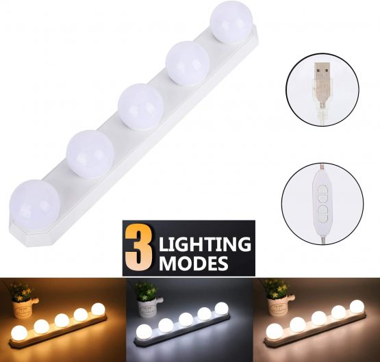 Mirror Lights, Hollywood Style LED Vanity Mirror Lights Kit with 5 Dimmable Bulbs, USB Cable Vanity Lights for Mirror with 3 Color Modes & 5 Adjustable Brightness (5 Bulbs)