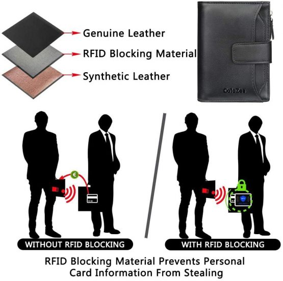 Men's Wallet, Genuine Leather RFID Blocking Wallet Mens, Credit Card Holder Bifold Wallet with Zip Coin Pocket for Men, with Gift Box, Black - Image 4