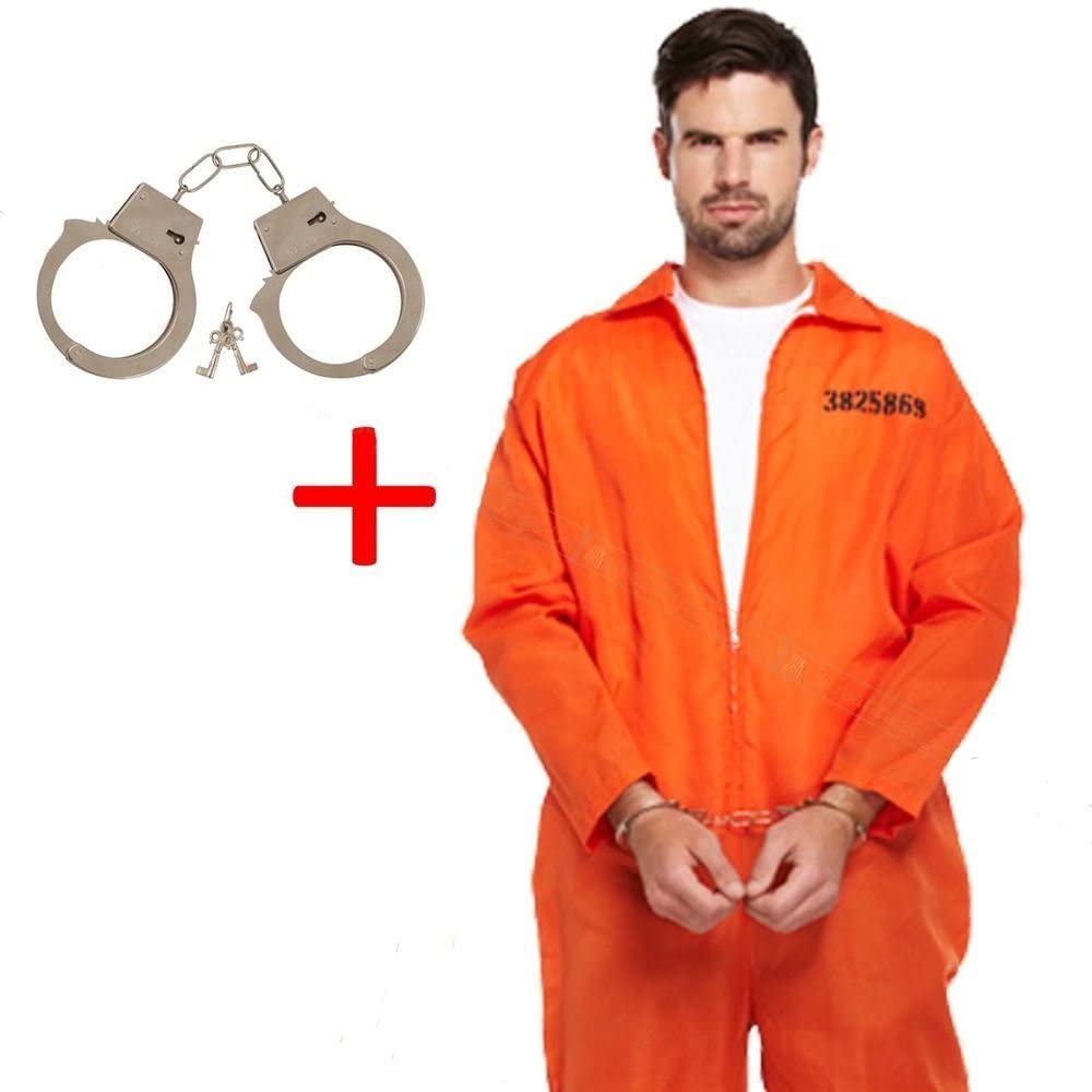 HENBRANDT Adult Men's Orange Prison Jumpsuit Fancy Dress Costume Convict Boiler Suit Prisoner Overalls Jail Jump Suit Dress Up Outfit One Size Mens Fancy Dress Costume