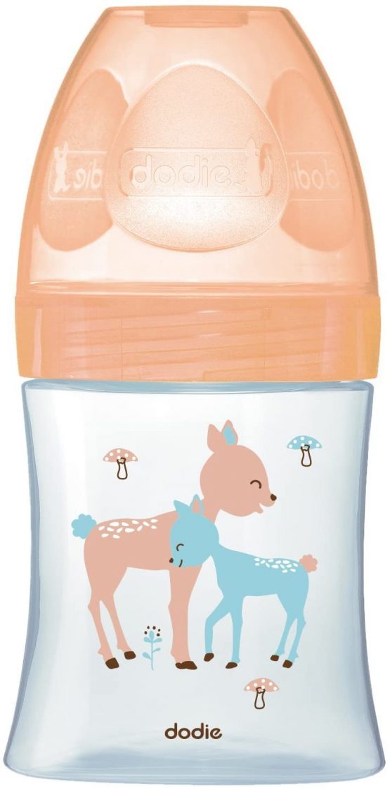 Dodie - Bottle Glass Initiation + 150 ml Beige Deer 0-6 Months, Flat Teat Flow Rate 1.
