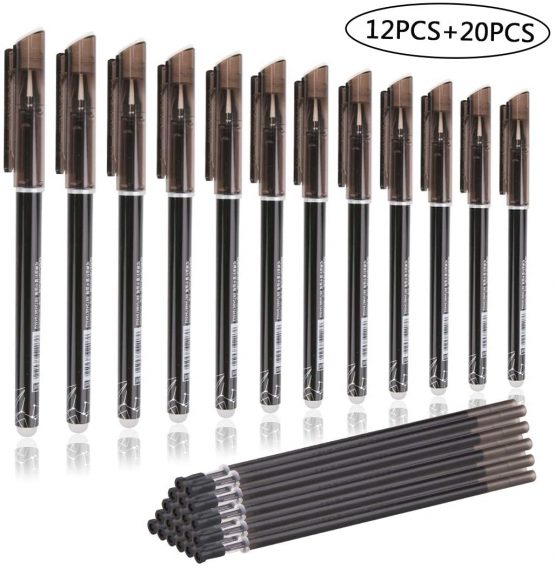 Friction pens,BBLIKE 12PCS Erasable Rollerball Pen and 20 Ballpen Refills,More Ink Rub Out Pens Gel Ink Ballpoint Pen 0.5 mm Tip (black)