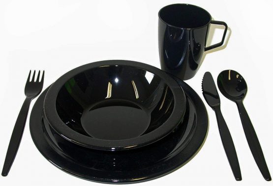 Harfield Black Camping Tableware Set - Plate, Bowl, Beaker and Cutlery Reusable Polycarbonate Plastic