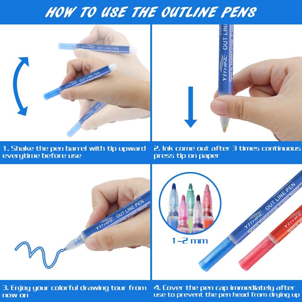 Double Line Outline Pens,YITHINC 12 Colours Outline Pens Fluorescent ...