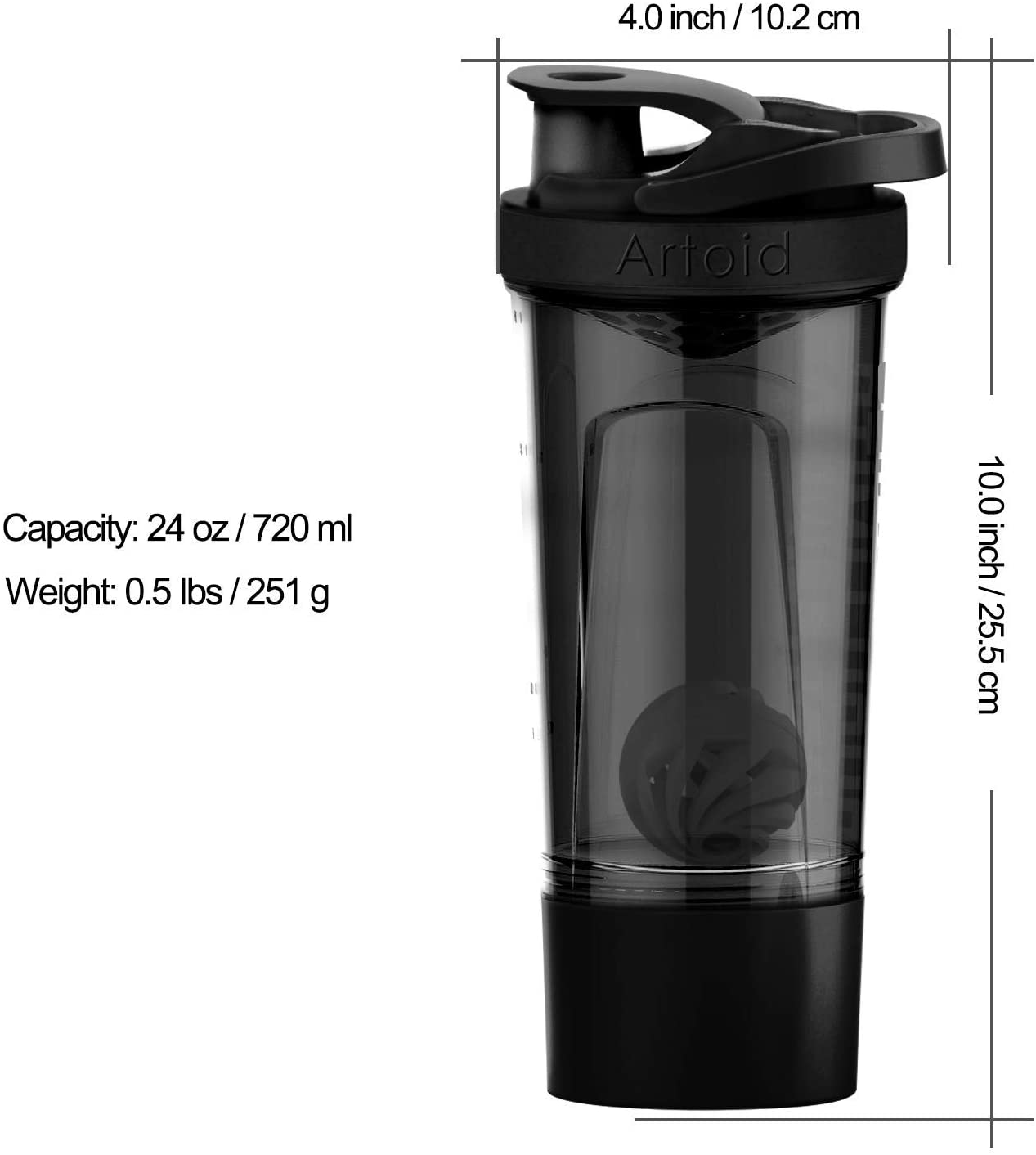 Artoid Mode 720ml Sports Fitness Workout Protein Shaker Bottle Black Grey with Twist and Lock Protein Box Storage - Image 4