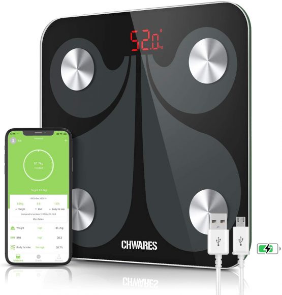 Bluetooth Body Fat Scales, USB Rechargeable Digital Weight Bathroom Scales, CHWARES Smart APP for BMI Scale 13 Body Data, 180kg/396lbs/28st, Smart Digital Bathroom Weighing Scale, Body Fat Scale