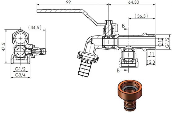 Double Duo Outlet Garden Tap Ball Valve Faucet Red Handle 1/2" x 3/4" x 3/4" BSP - Image 2