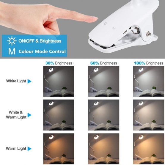 Clip On Reading Light, Derlights 28 LED Eye Protect Book Light, 3 Colour * 3 Brightness Bed Reading Light with Flexible Neck, USB Rechargeable Desk Reading Light Black - Image 2