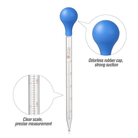 Hyber&Cara 2 Pcs 10ml Glass Pipette Dropper Graduated with Rubber Suction Bulb + 1 Pc Cleaning Brush - Image 3