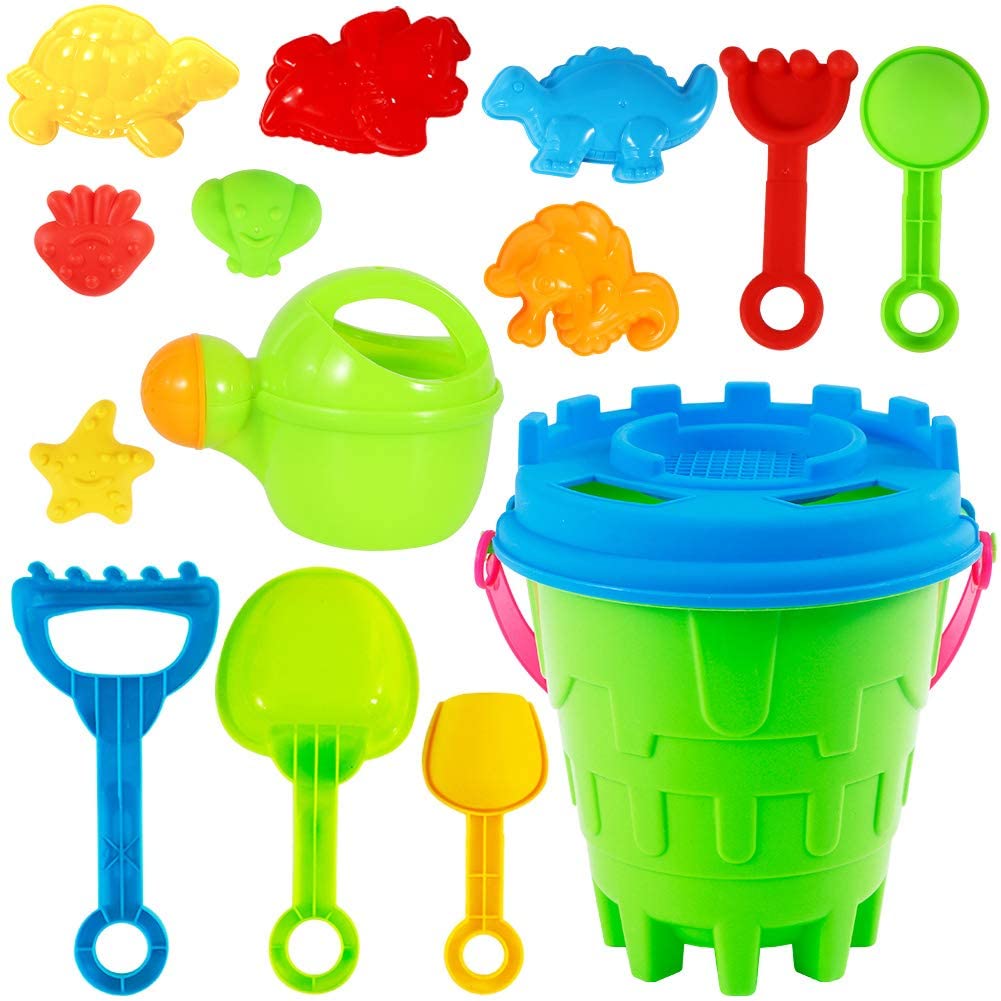 ThinkMax Beach Toy Set，15 pcs Sand Castle Bucket Playset with Shovels