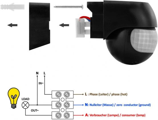 deleyCON 1x Infrared Motion Detector for Indoor and Outdoor Range up to 12m at 180° Swiveling Tiltable IP44 Splash Protection Black - Image 3