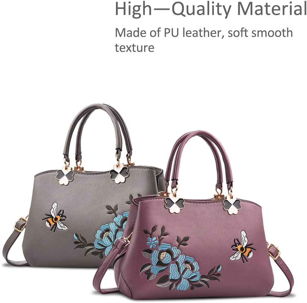 NICOLE&DORIS Women Top Handle Handbags Retro Crossbody Bag Ladies Fashion Shoulder Bag Purse Tote Embroidery Purple Bee - Image 3