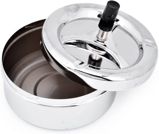 Round Push Down Ashtray with Spinning Tray Metal Cigarette Ash Tray Large 5.2 Inches Home Ashtray for Outside Patio - Silver